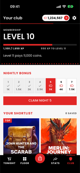 Club tab: level, nightly bonus calendar and shortlist