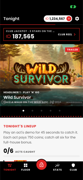 Tonight screen: live club jackpot, the headliner and tonight's lineup of six acts
