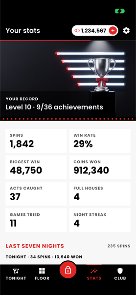 Stats: seven-night play chart and record tiles